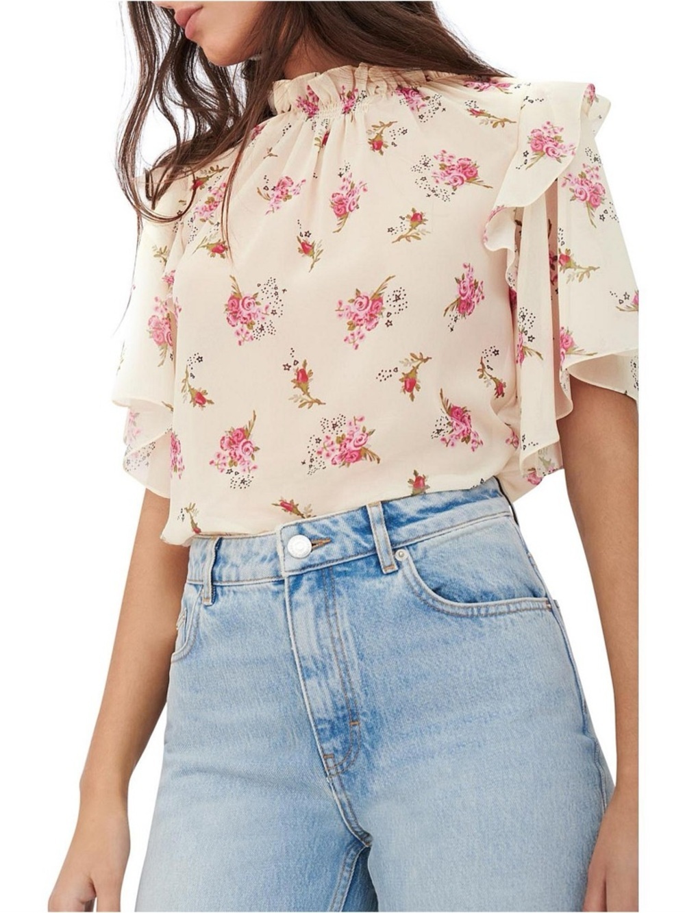 Maje Cream & Pink Boho Floral Flowy Short Sleeve Ruffle Blouse - Small (1) NWT